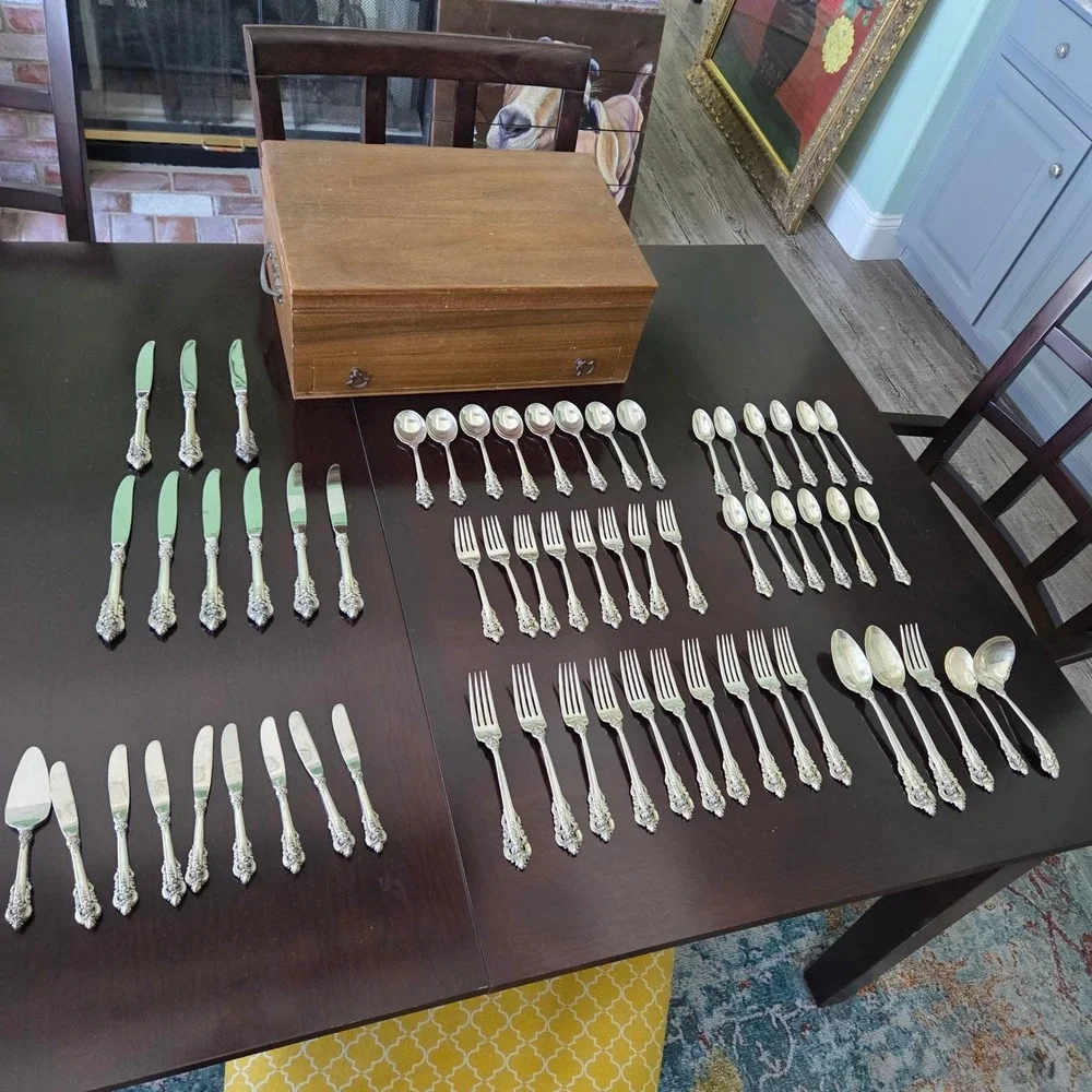 Wallace Grande Baroque Sterling Silver Flatware Set 61 Pieces Wooden Chest
